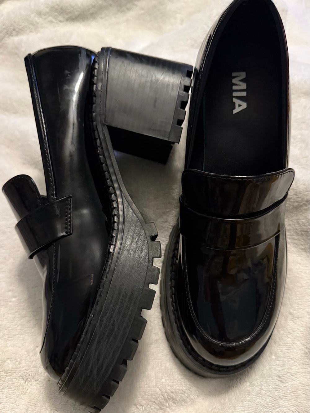 MIA Dalilah Platform Lug Sole Loafers in Black Patent.